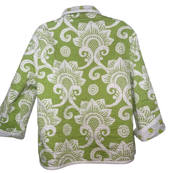 Patty Kim Quilted Jacket Size Large Green White Cotton Floral w/ Polka Dot Cuffs - Picture 8 of 8